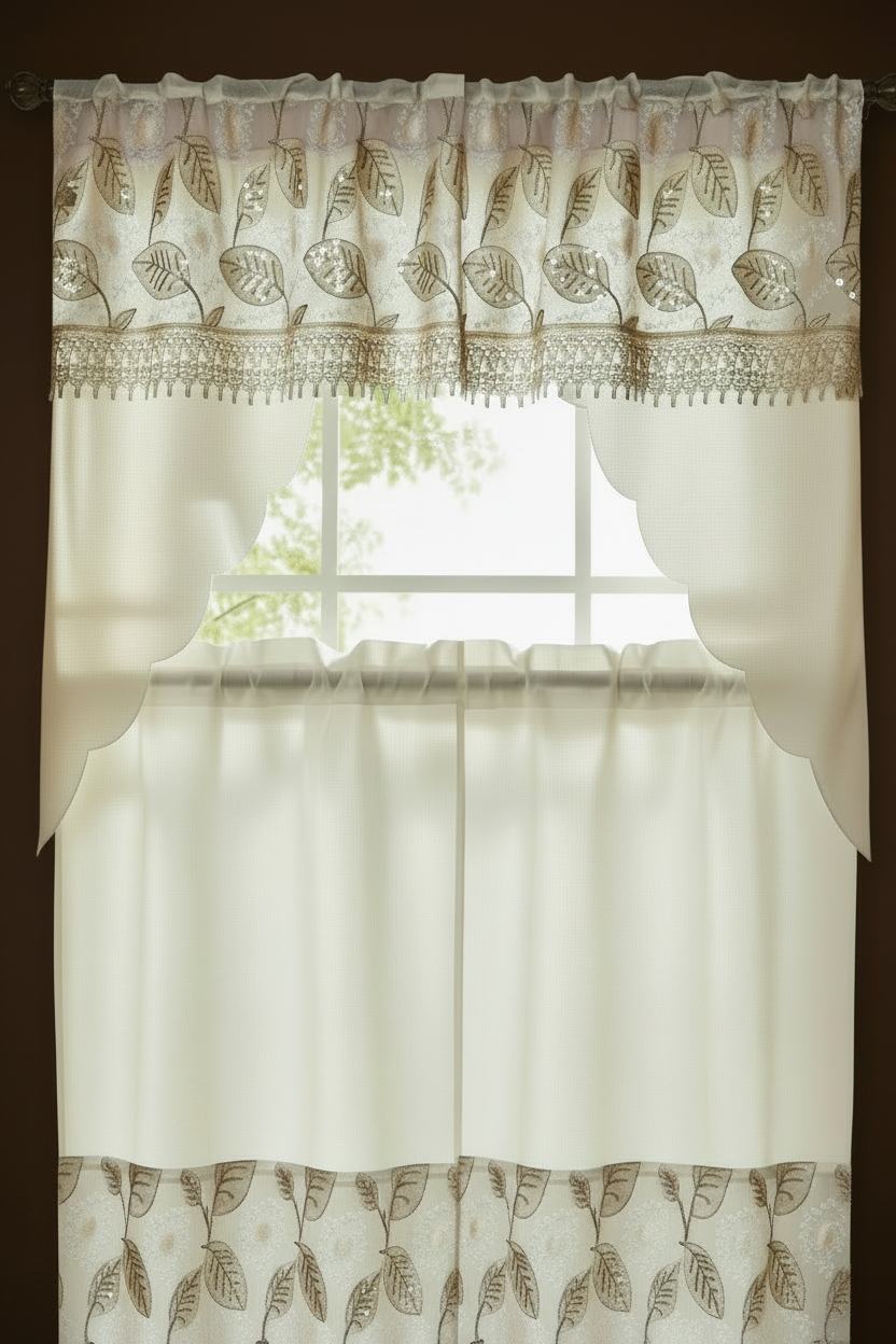 3 piece Kitchen curtain lace Leaf embroidered Stitch NOOR Beige