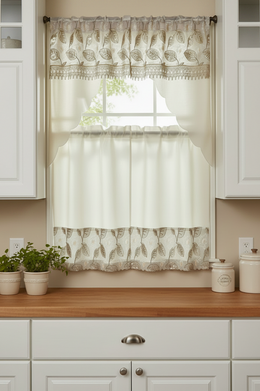 3 piece Kitchen curtain lace Leaf embroidered Stitch NOOR BEIGE