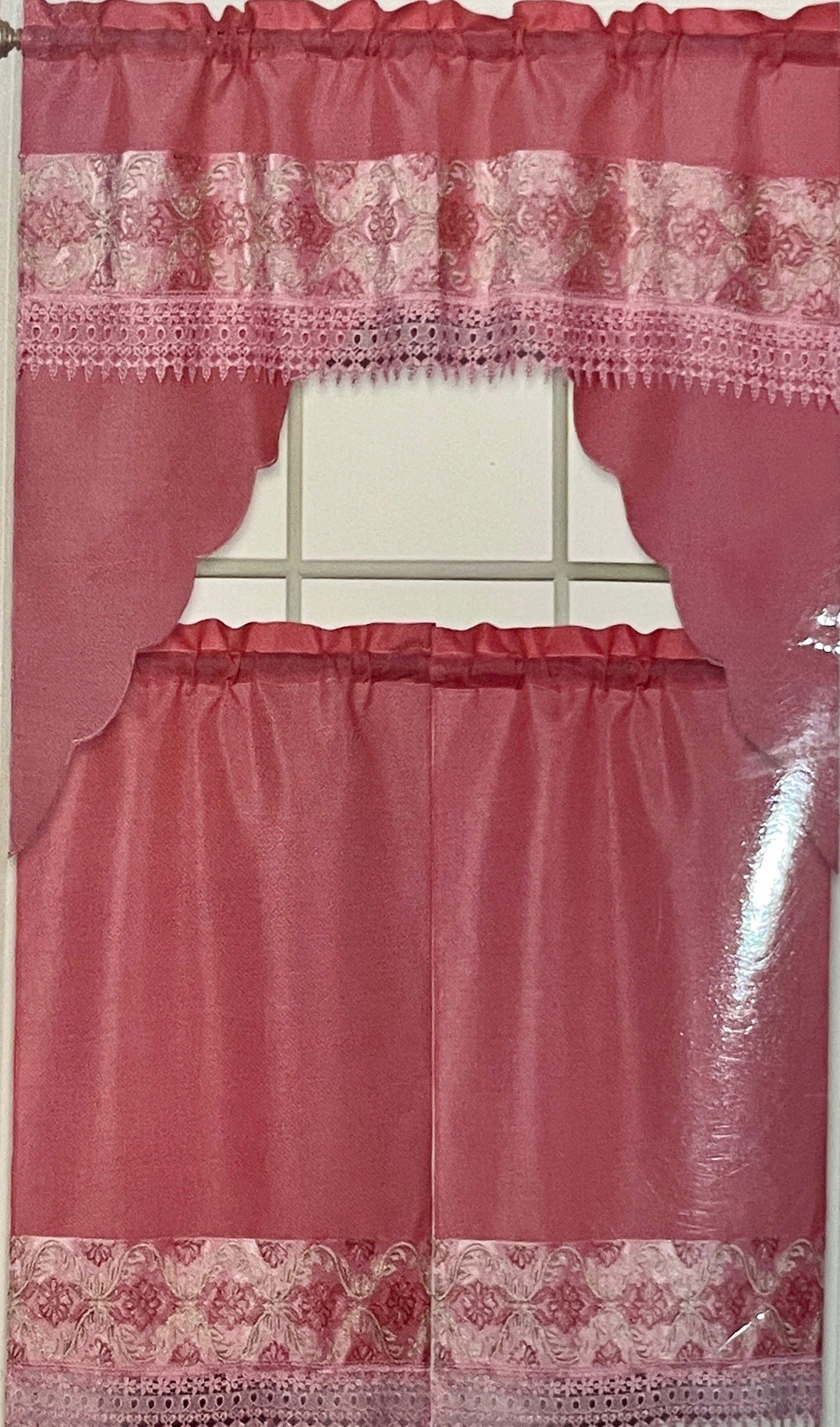 3 piece Kitchen curtain lace embroidered Stitch OKSANA Coral