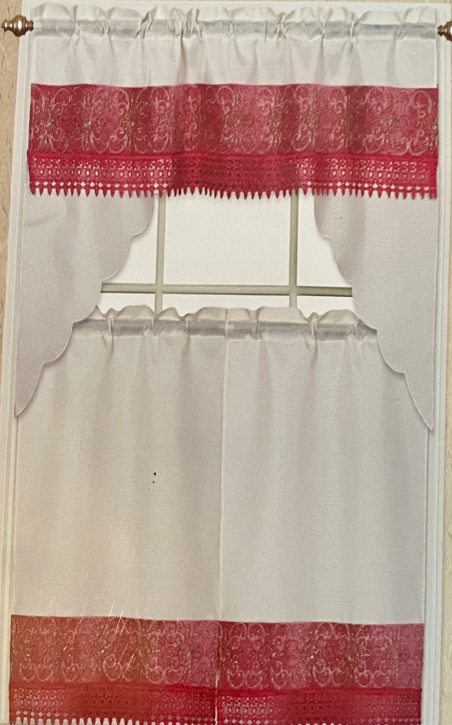 3 piece Kitchen curtain lace embroidered Stitch SKYE Hot Pink