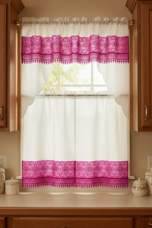 3 piece Kitchen curtain lace embroidered Stitch SKYE Hot Pink