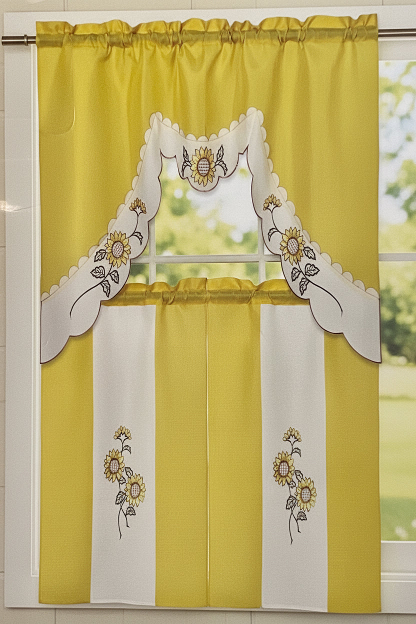 ILANA 3 piece Kitchen curtain Sunflower Embroidered  YELLOW