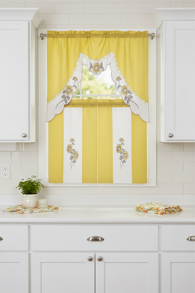 ILANA 3 piece Kitchen curtain Sunflower Embroidered  YELLOW