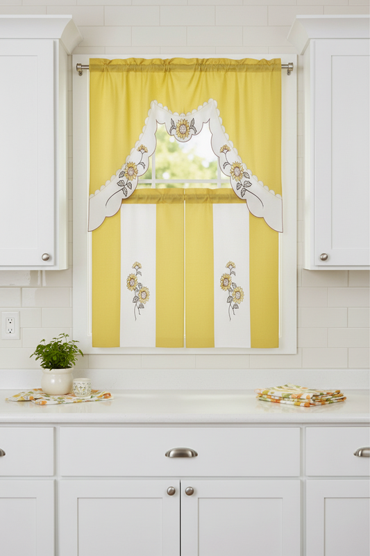 ILANA 3 piece Kitchen curtain Sunflower Embroidered  YELLOW