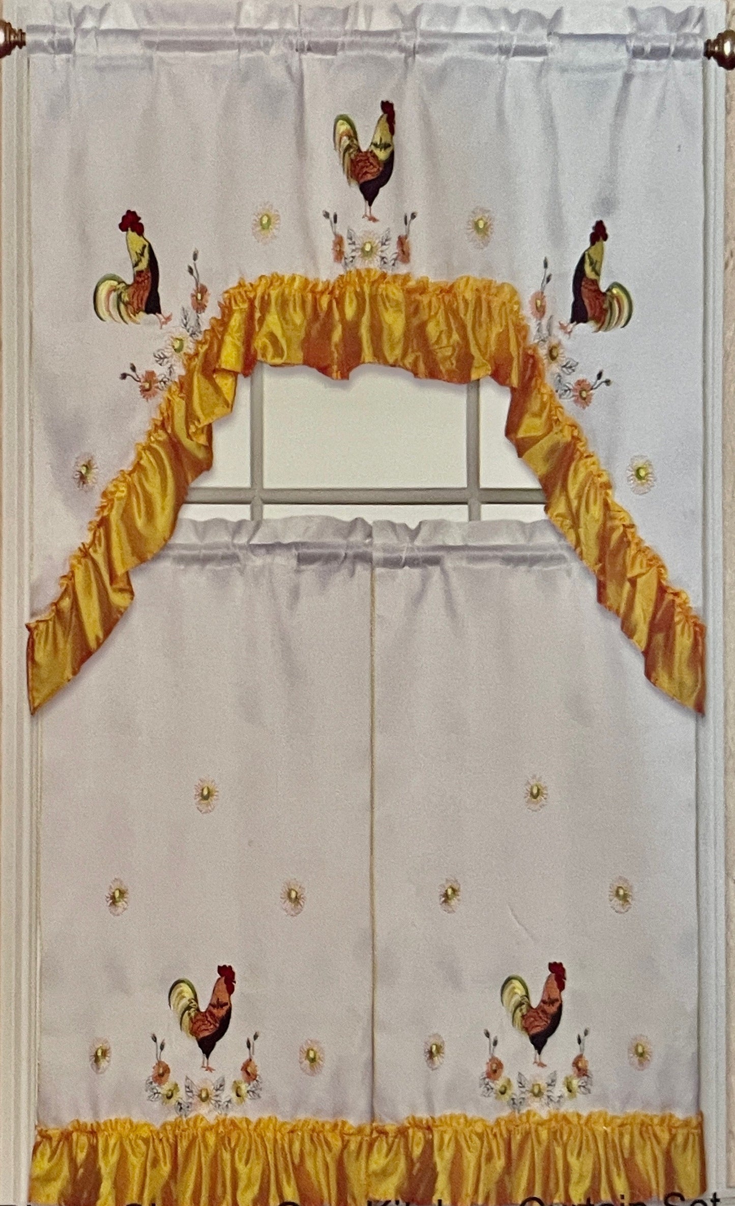 ESME 3 piece Kitchen curtain Sunflower rooster  Embroidered YELLOW