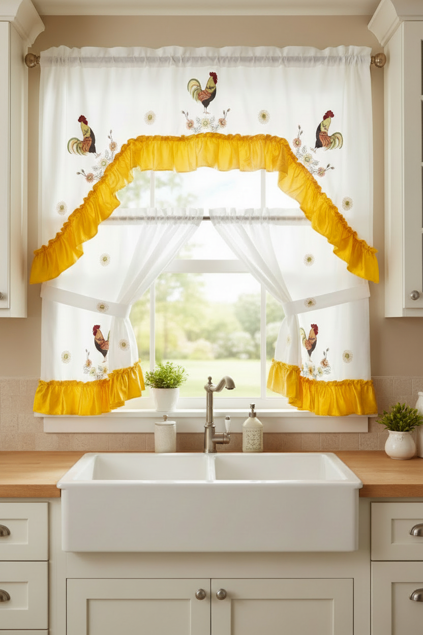 ESME 3 piece Kitchen curtain Sunflower rooster  Embroidered YELLOW