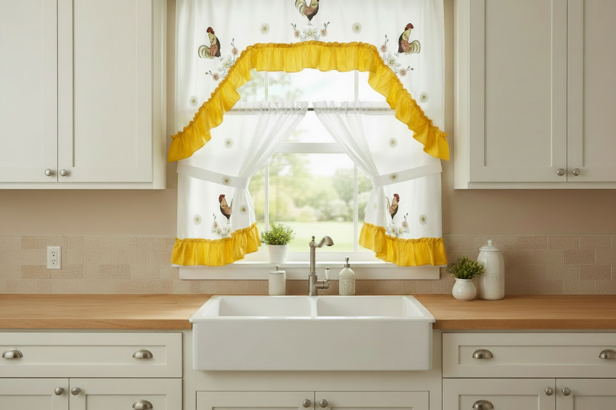 ESME 3 piece Kitchen curtain Sunflower rooster  Embroidered YELLOW