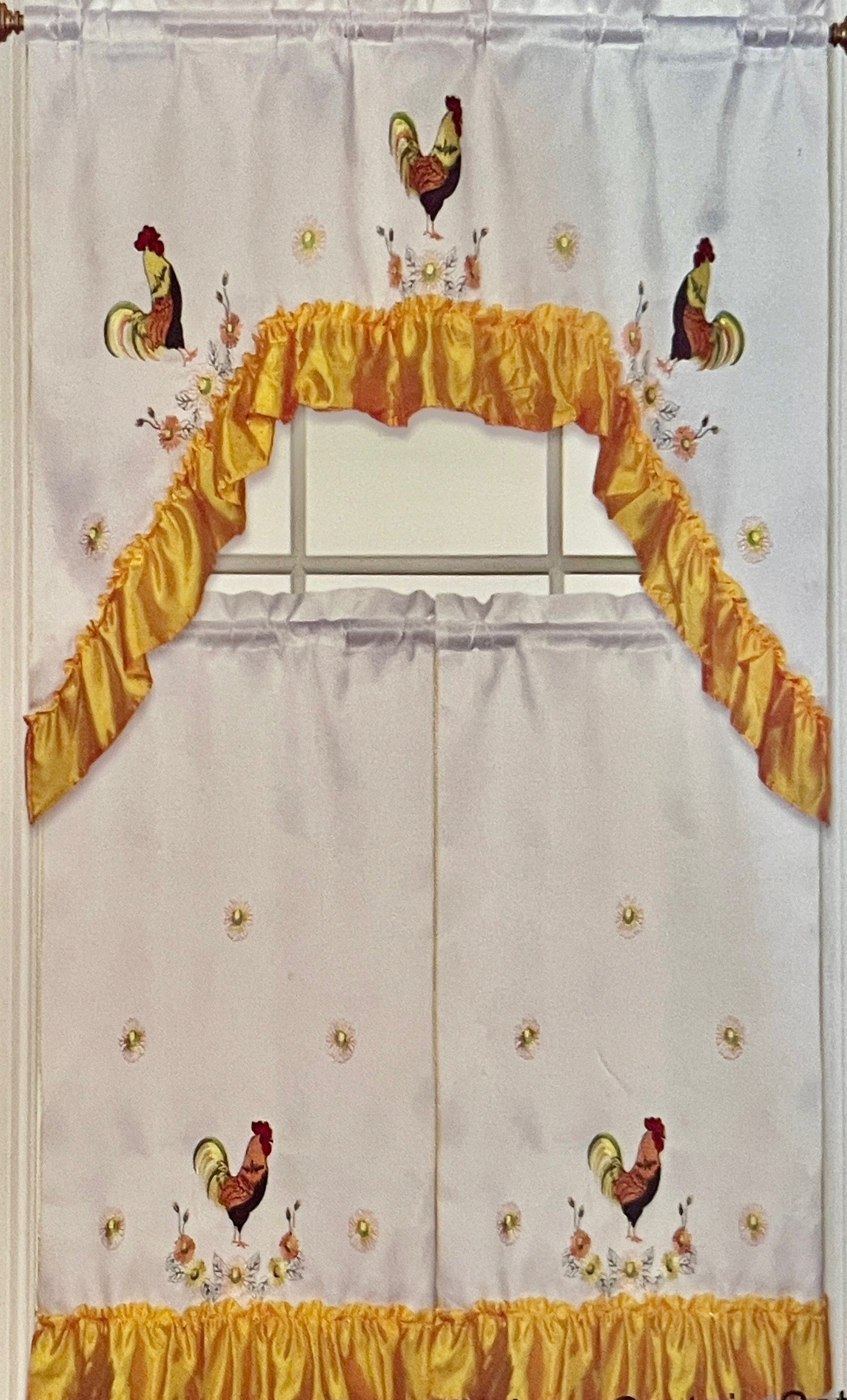 ESME 3 piece Kitchen curtain Sunflower rooster  Embroidered YELLOW