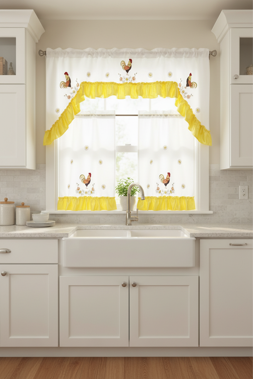 ESME 3 piece Kitchen curtain Sunflower rooster  Embroidered YELLOW