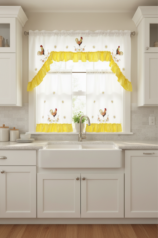 ESME 3 piece Kitchen curtain Sunflower rooster  Embroidered YELLOW