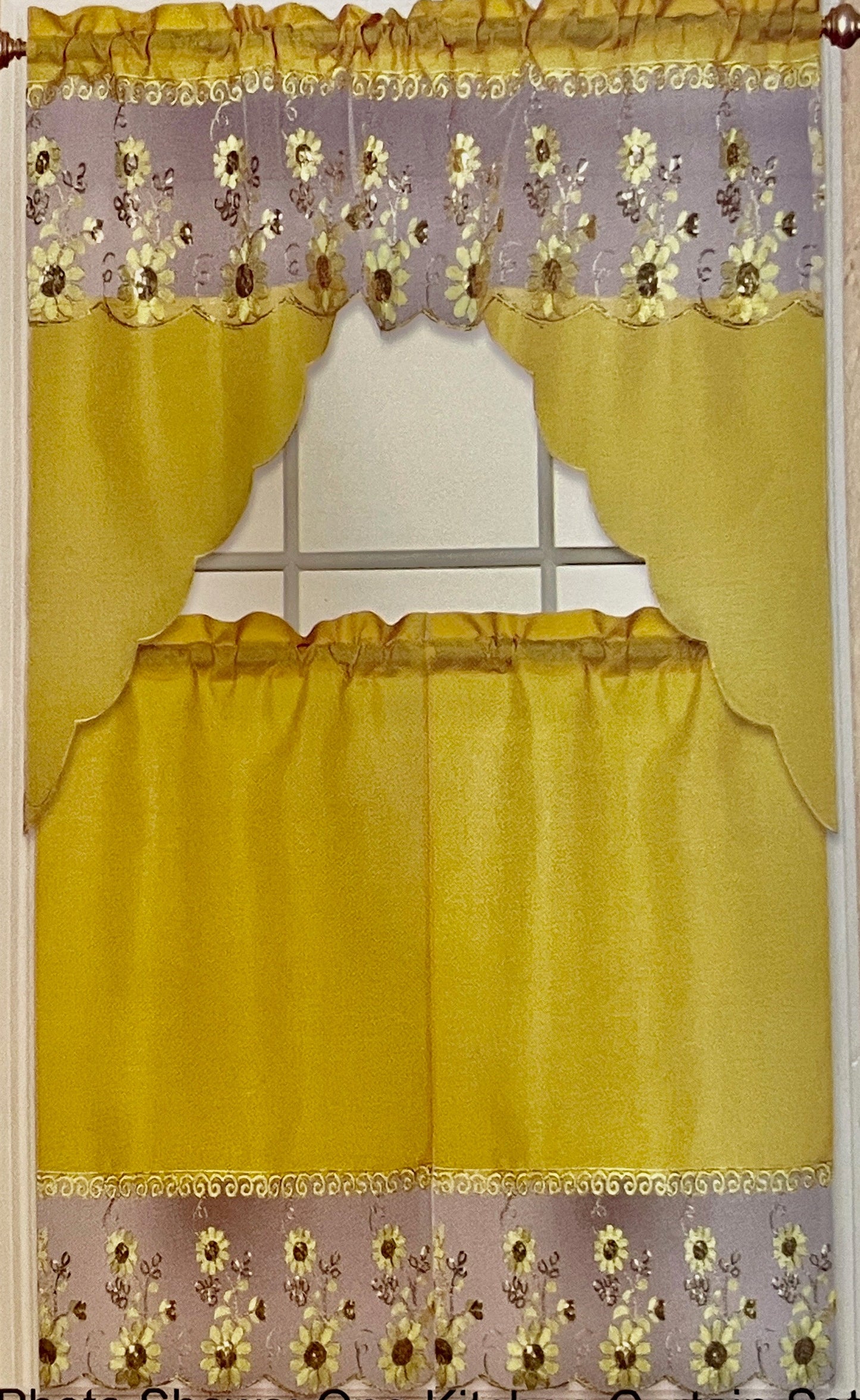 3 piece Kitchen curtain Flower Sequin Stitch  Stitch JAMILA Yellow