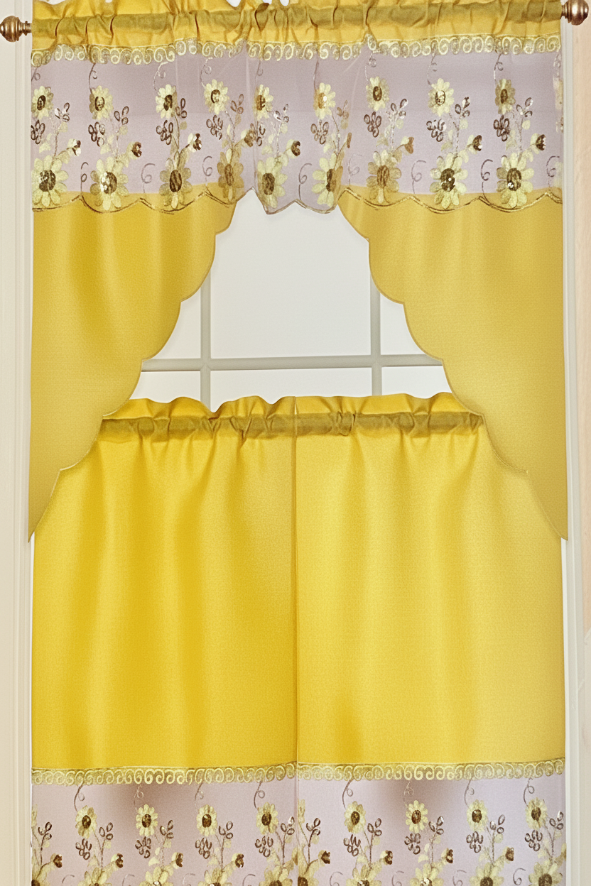 3 piece Kitchen curtain Flower Sequin Stitch  Stitch JAMILA Yellow