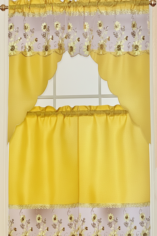 3 piece Kitchen curtain Flower Sequin Stitch  Stitch JAMILA Yellow