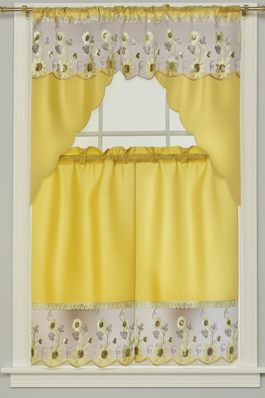 3 piece Kitchen curtain Flower Sequin Stitch  Stitch JAMILA YELLOW