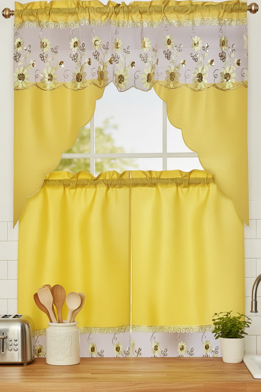 3 piece Kitchen curtain Flower Sequin Stitch  Stitch JAMILA YELLOW