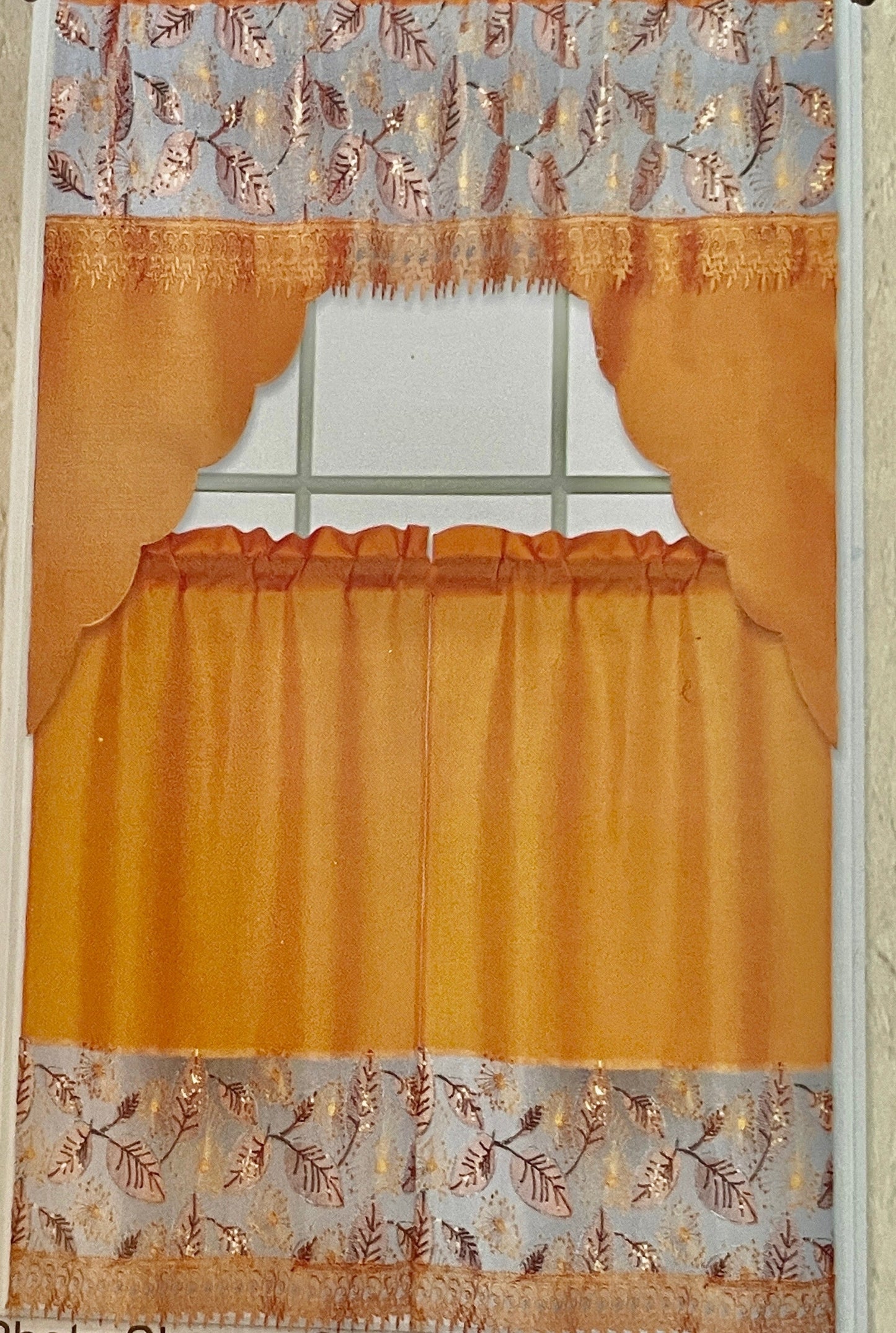 3 piece Kitchen curtain lace embroidered Leaf Stitch NOOR Orange