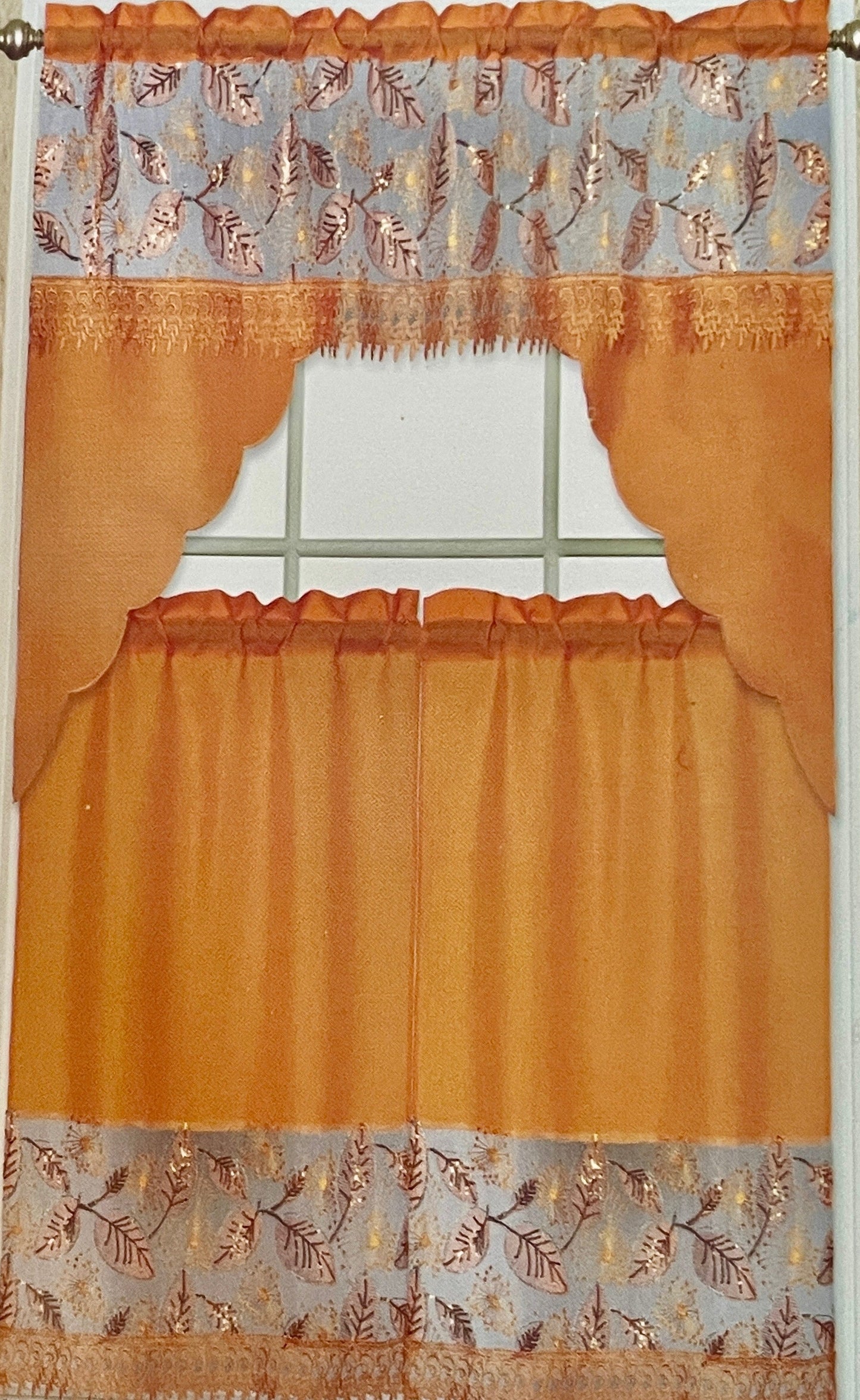 3 piece Kitchen curtain lace embroidered Leaf Stitch NOOR Orange