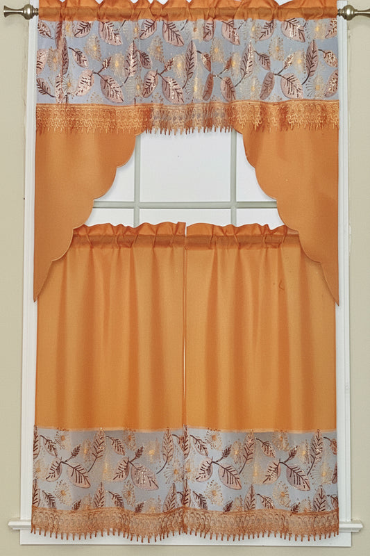 3 piece Kitchen curtain lace embroidered Leaf Stitch NOOR ORANGE
