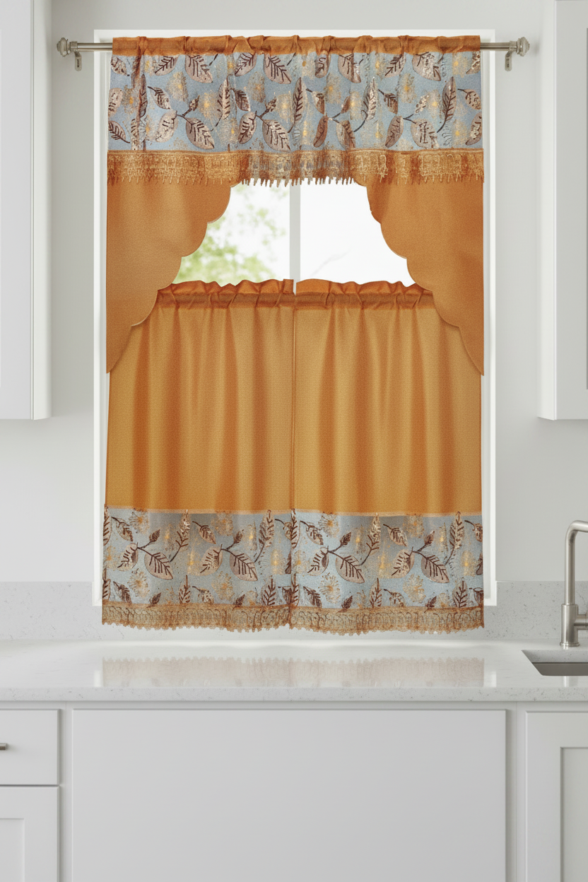 3 piece Kitchen curtain lace embroidered Leaf Stitch NOOR ORANGE