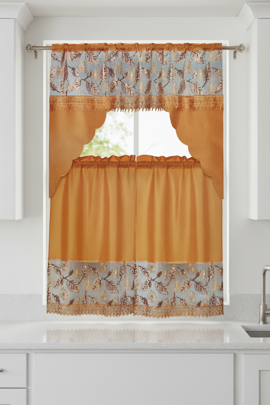 3 piece Kitchen curtain lace embroidered Leaf Stitch NOOR Orange