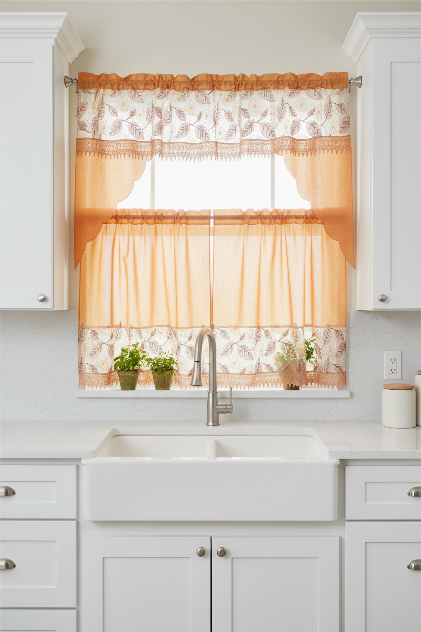 3 piece Kitchen curtain lace embroidered Leaf Stitch NOOR ORANGE