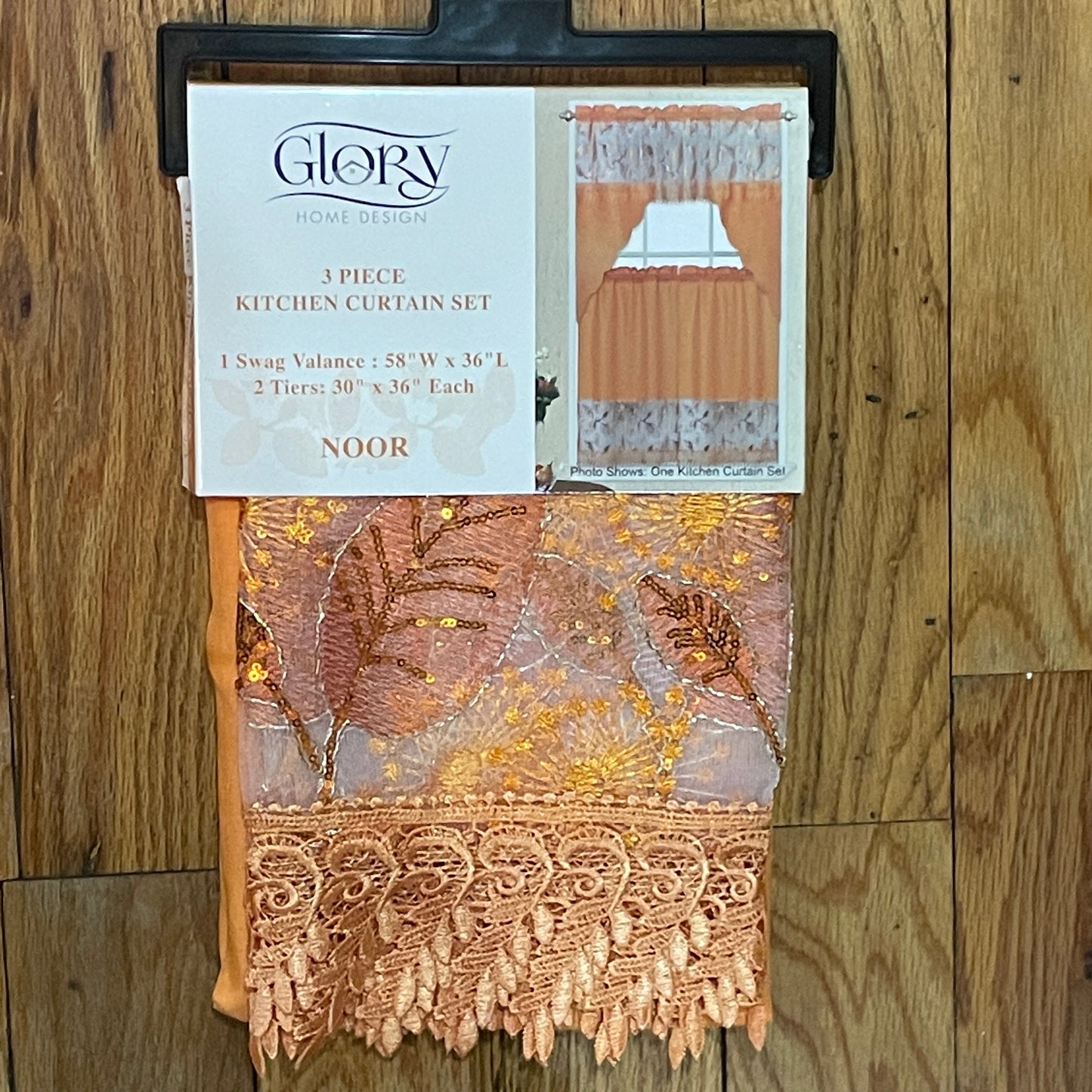 3 piece Kitchen curtain lace embroidered Leaf Stitch NOOR Orange
