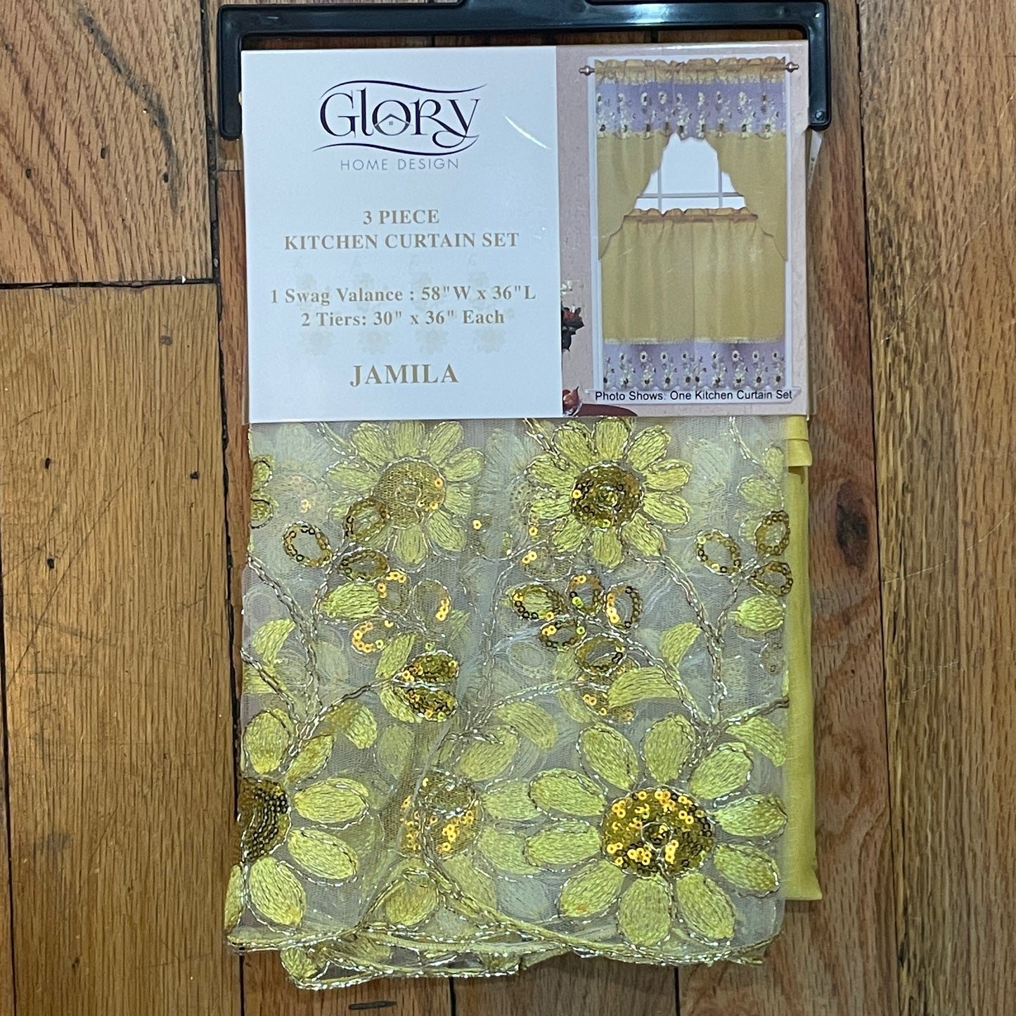 3 piece Kitchen curtain Flower Sequin Stitch  Stitch JAMILA Yellow