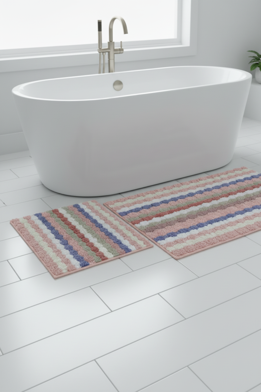 SARIT Striped Square  Soft 2 piece bathroom Mats Rug set PINK