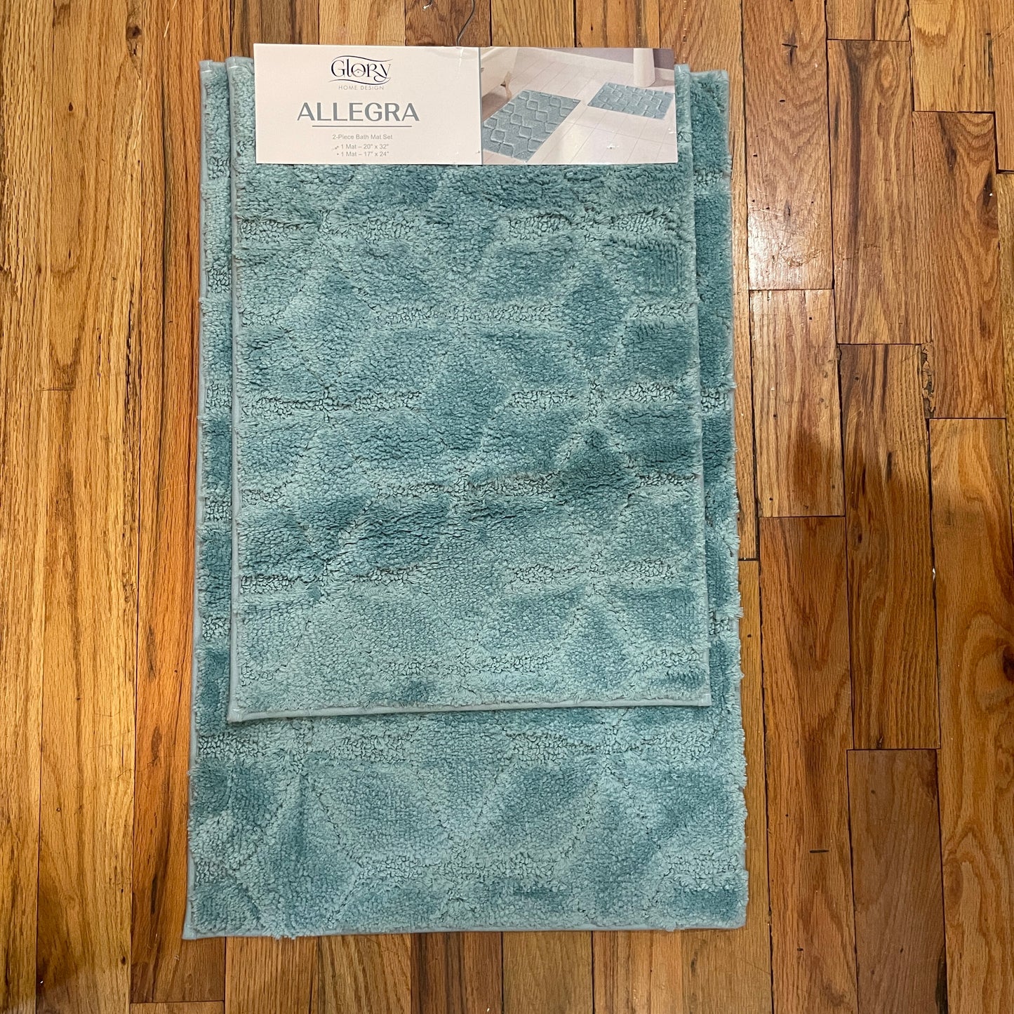 ALLEGRA Square Diamond pattern Soft 2 piece bathroom Mats Rug set Bue Aqua Green