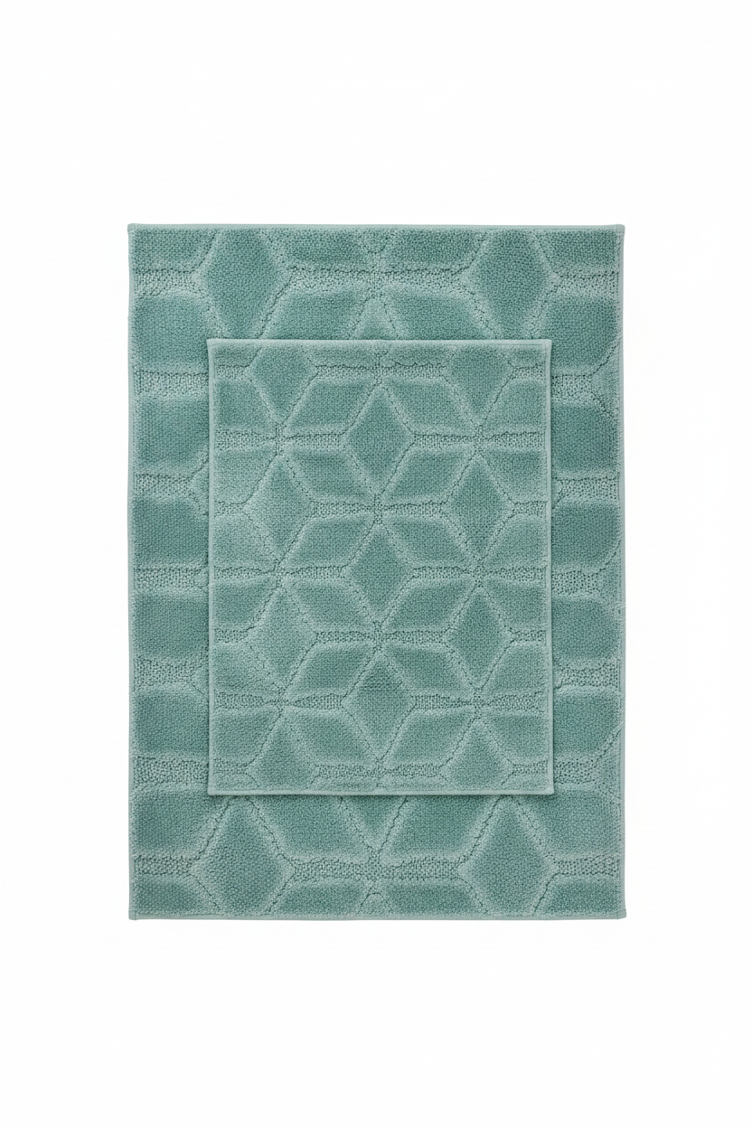 ALLEGRA Square Diamond pattern Soft 2 piece bathroom Mats Rug set Bue Aqua Green