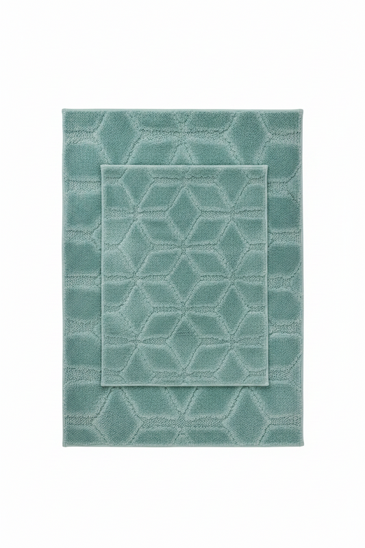 ALLEGRA Square Diamond pattern Soft 2 piece bathroom Mats Rug set Bue Aqua Green