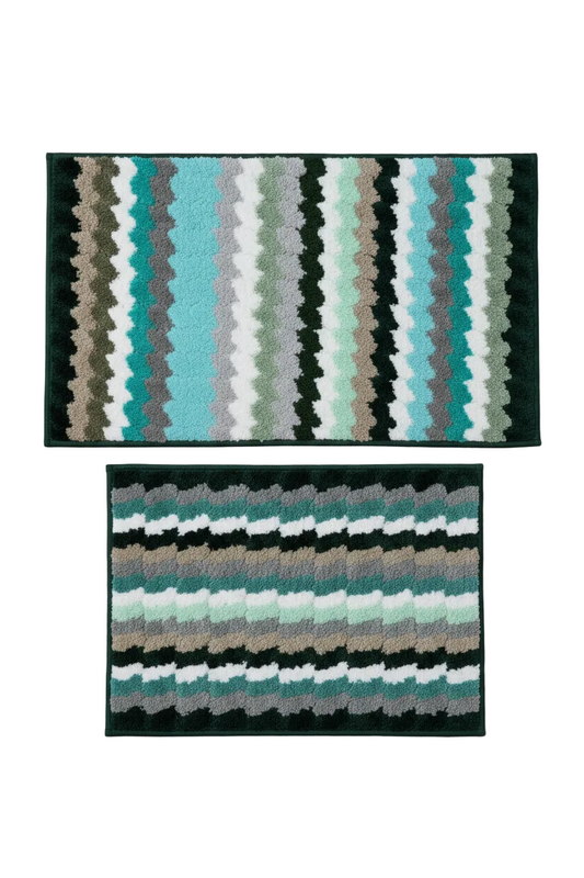 TESSA Stiped Square  Soft 2 piece bathroom Mats Rug set AQUA-GREEN