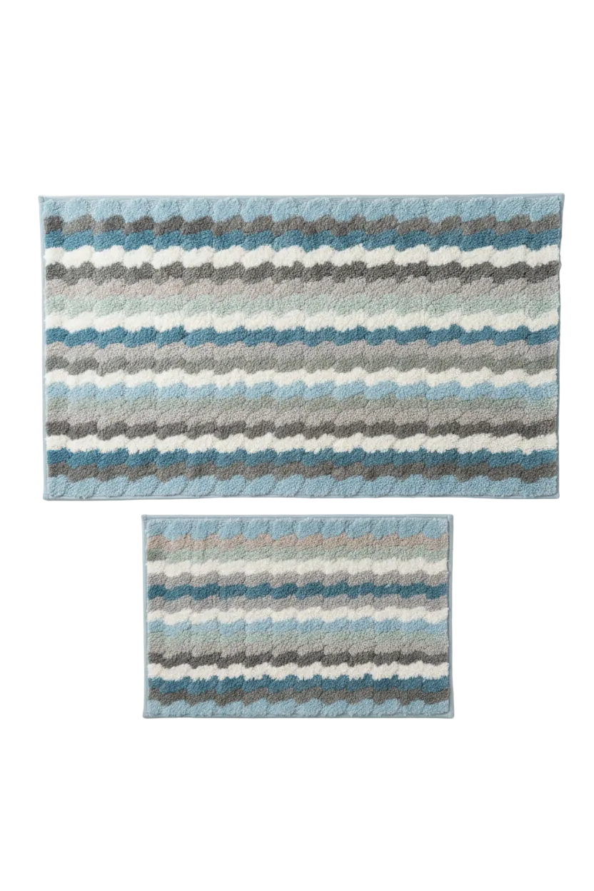 TESSA Striped Square  Soft 2 piece bathroom Mats Rug set BLUE