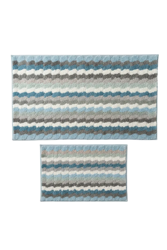 TESSA Striped Square  Soft 2 piece bathroom Mats Rug set BLUE