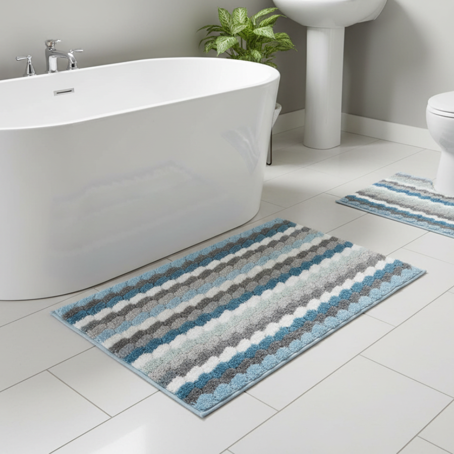 TESSA Striped Square  Soft 2 piece bathroom Mats Rug set BLUE