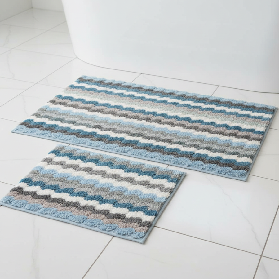 TESSA Striped Square  Soft 2 piece bathroom Mats Rug set BLUE