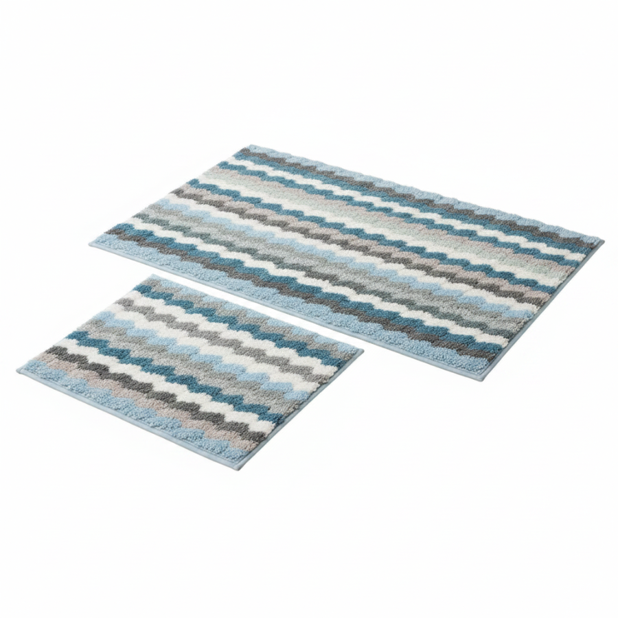 TESSA Striped Square  Soft 2 piece bathroom Mats Rug set BLUE