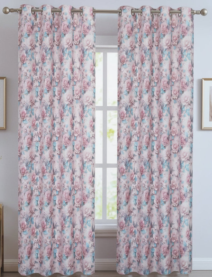 HEATHER BOTANICAL FLOWER PINK  Printed Grommet Panel Curtain