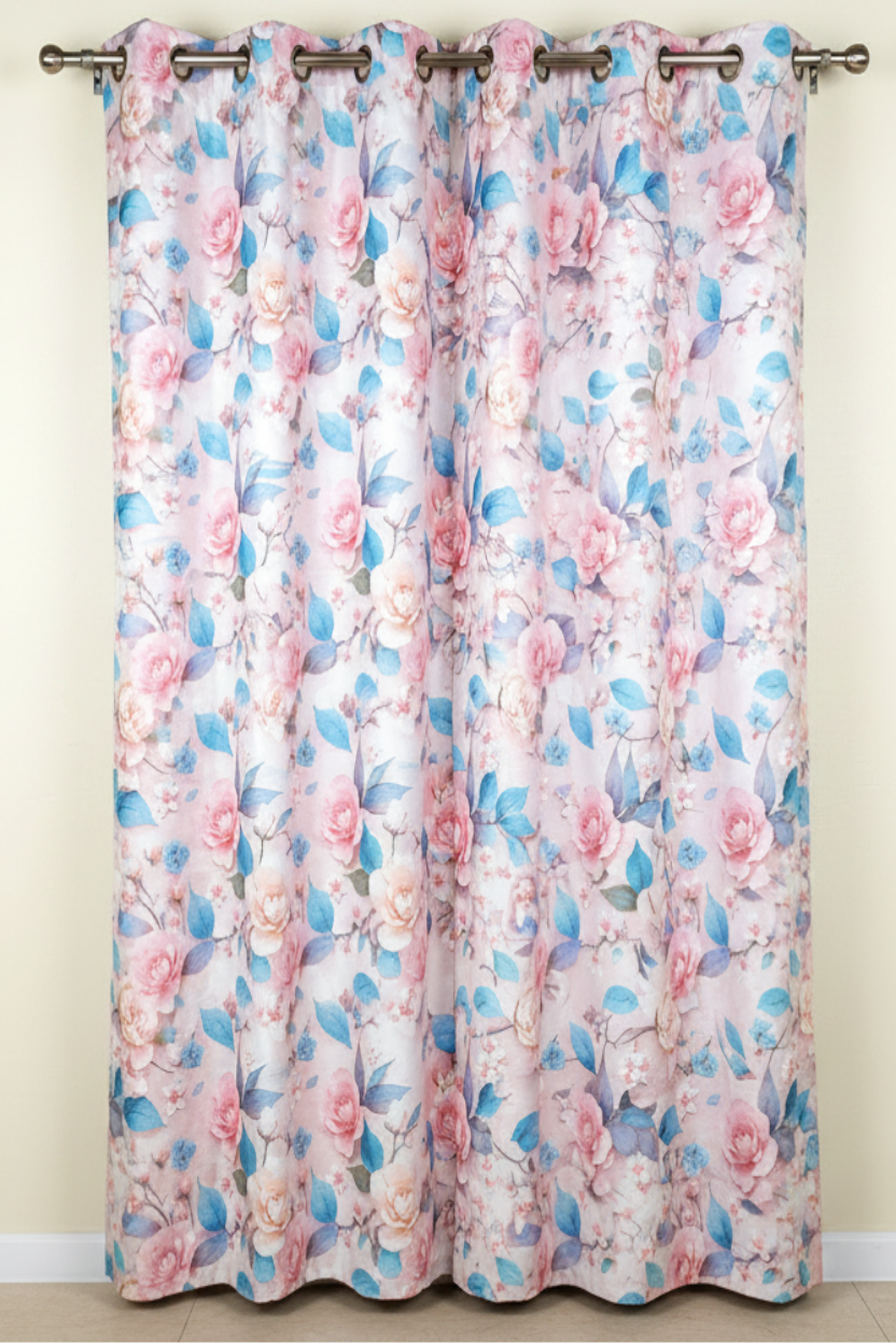 HEATHER BOTANICAL FLOWER PINK  Printed Grommet Panel Curtain