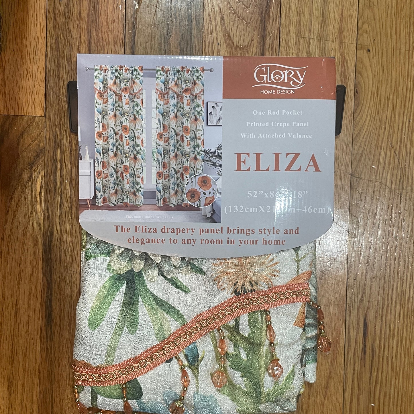 ELIZA Crepe  Pattern Panel Curtain w attached lace valance ORANGE