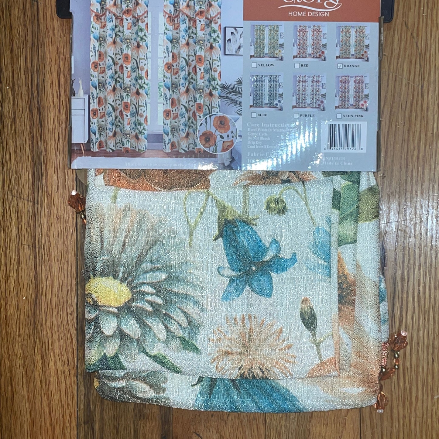 ELIZA Crepe  Pattern Panel Curtain w attached lace valance ORANGE