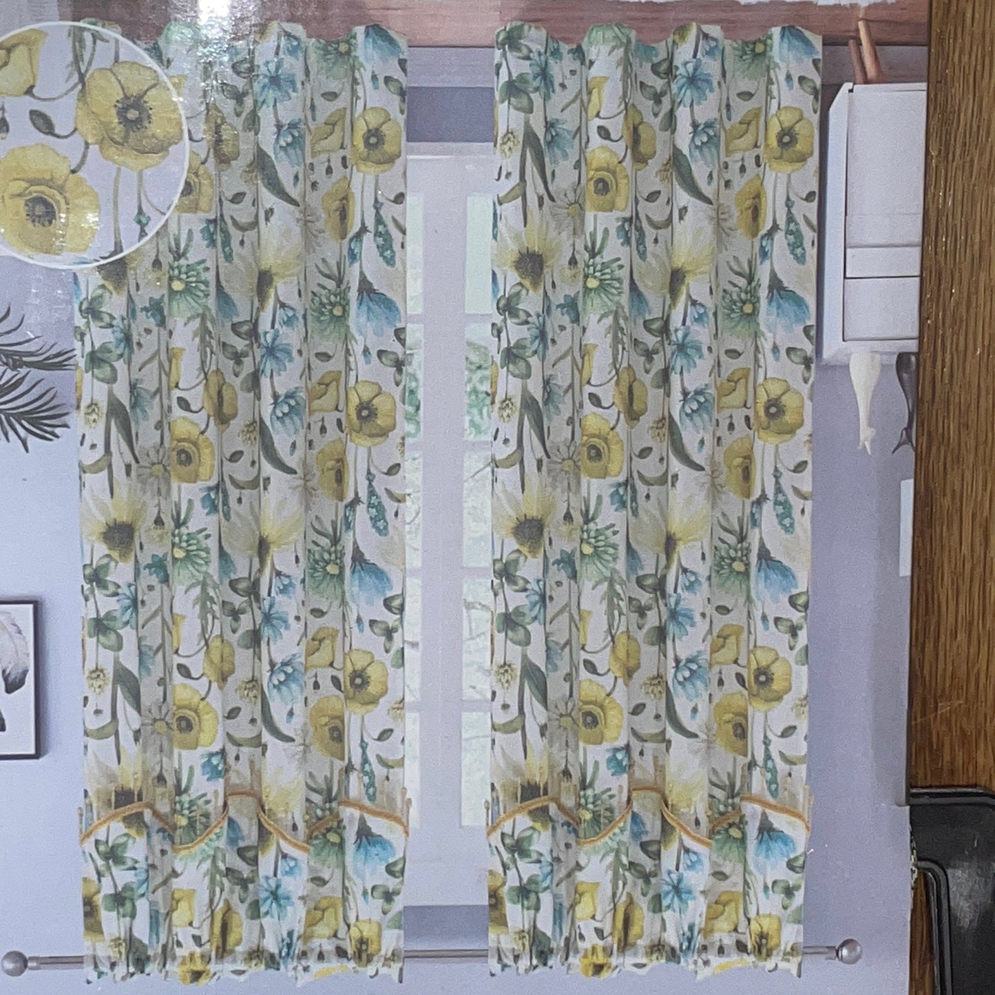 ELIZA Crepe  Pattern Panel Curtain w attached lace valance YELLOW