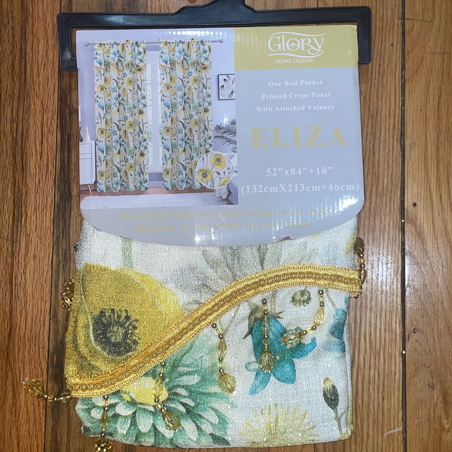 ELIZA Crepe  Pattern Panel Curtain w attached lace valance YELLOW