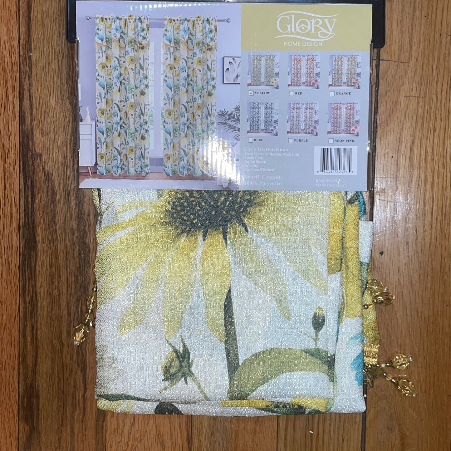 ELIZA Crepe  Pattern Panel Curtain w attached lace valance YELLOW