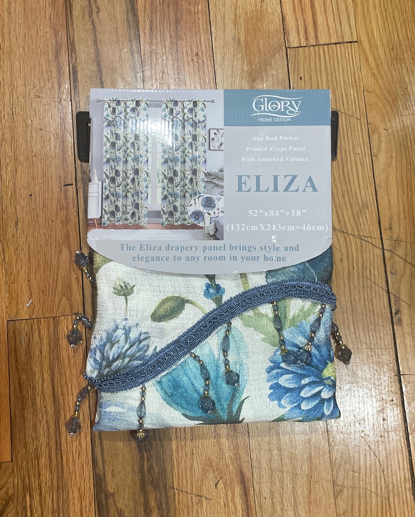 ELIZA Crepe  Pattern Panel Curtain w attached lace valance BLUE