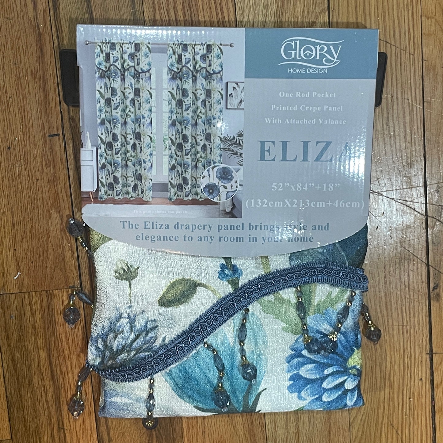 ELIZA Crepe  Pattern Panel Curtain w attached lace valance BLUE