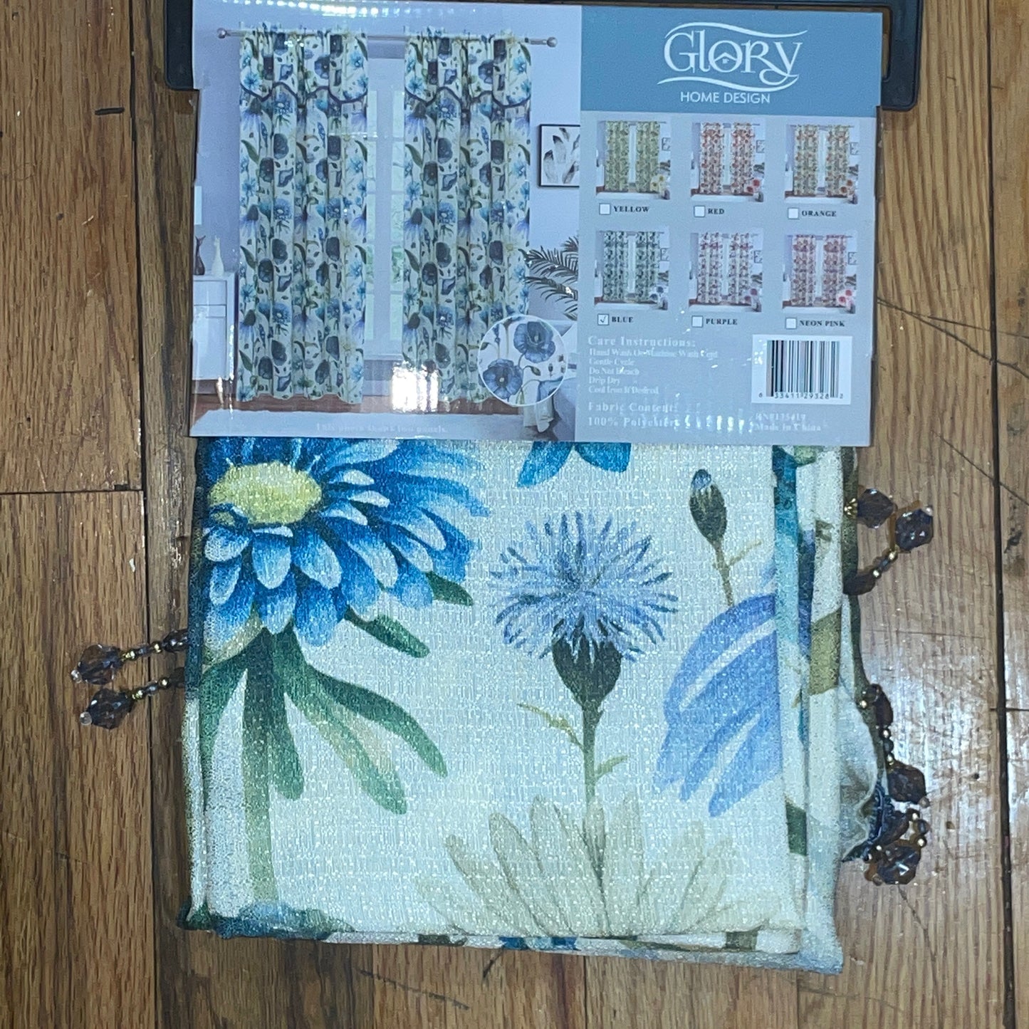 ELIZA Crepe  Pattern Panel Curtain w attached lace valance BLUE