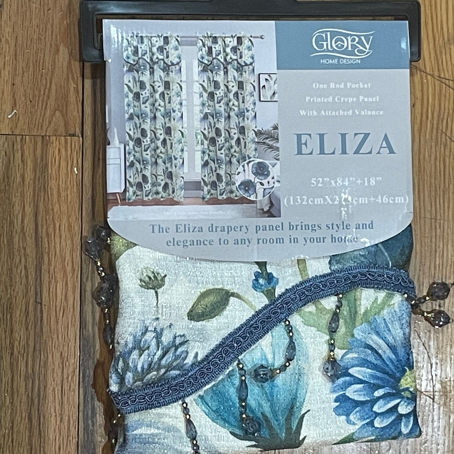 ELIZA Crepe  Pattern Panel Curtain w attached lace valance BLUE