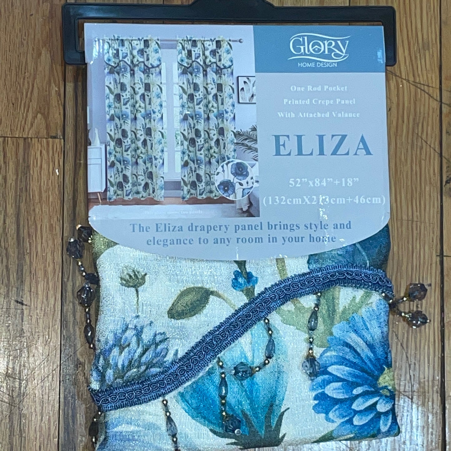 ELIZA Crepe  Pattern Panel Curtain w attached lace valance BLUE