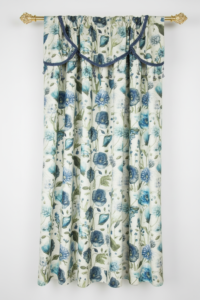 ELIZA Crepe  Pattern Panel Curtain w attached lace valance BLUE